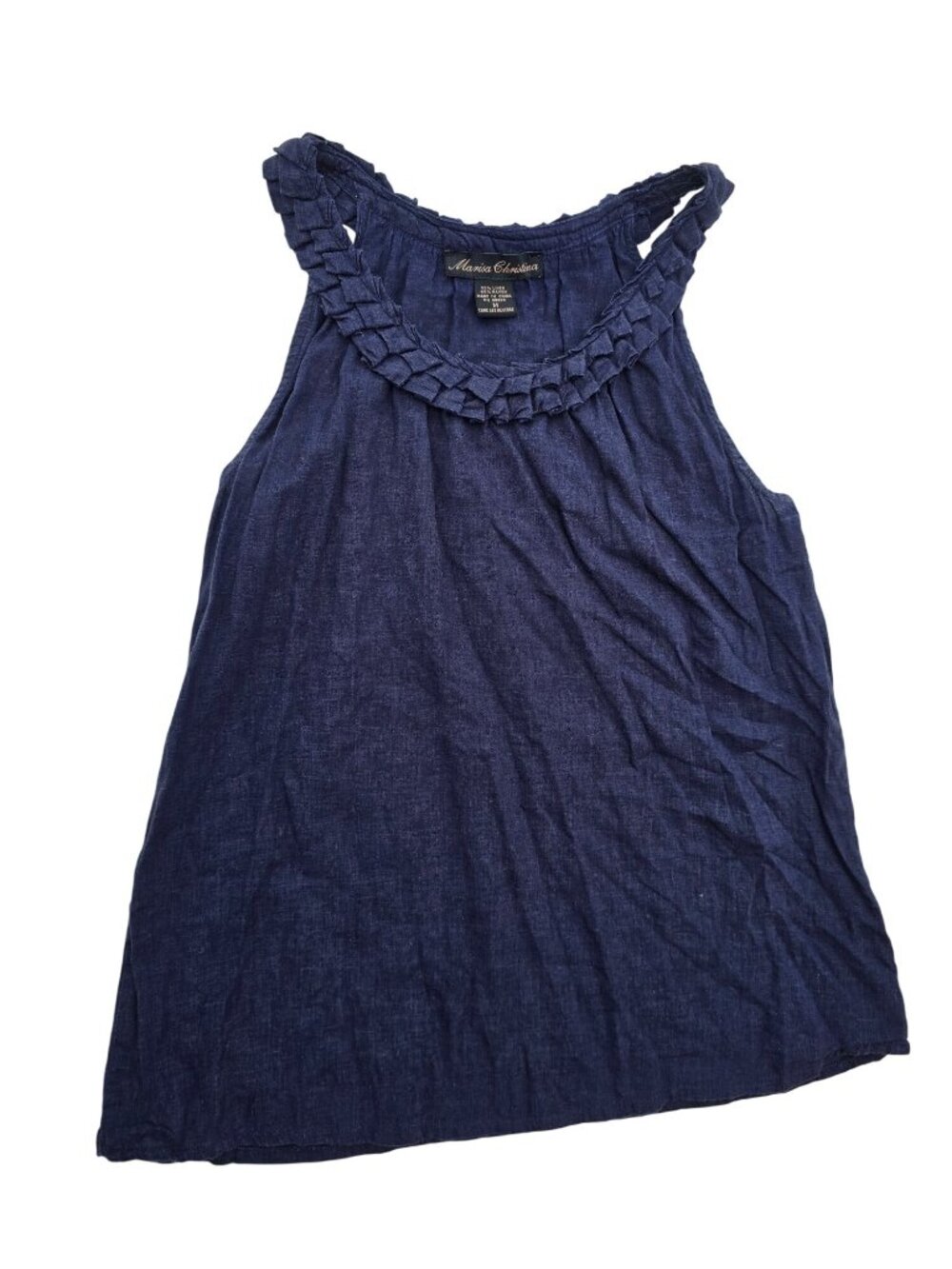 Maria Christina Women’s Sleeveless Navy Blue Ruffled Neck Top Medium Linen Blend